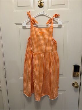 Girls' Orange Gingham Tie-Shoulder Sundress with Pom Trim